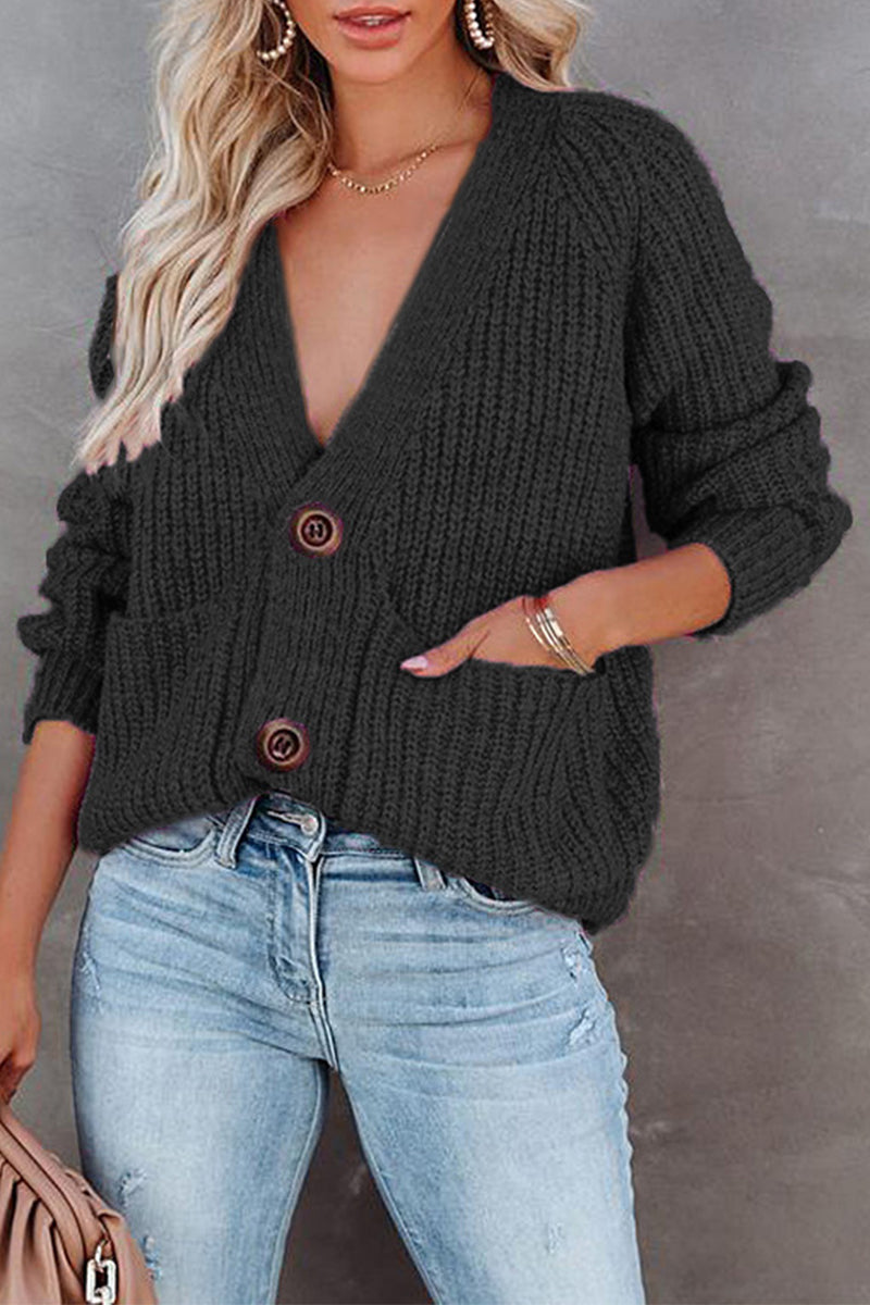 Casual Solid Pocket Buttons V Neck Sweaters(7 Colors)