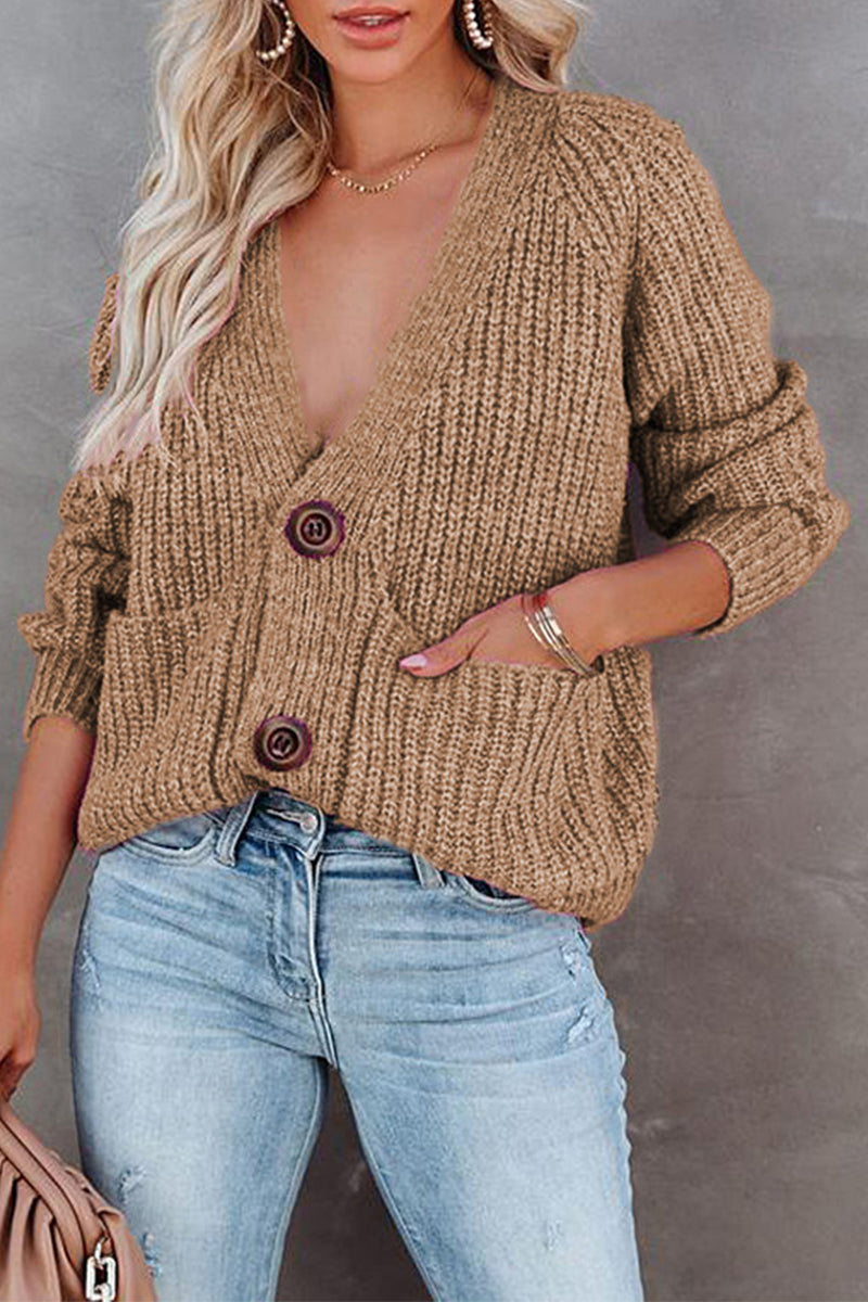 Tops casuales de cuello en V con botones y bolsillos sólidos