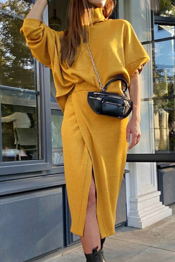 Street Solid Split Joint Slit Turtleneck Long Sleeve Two Pieces