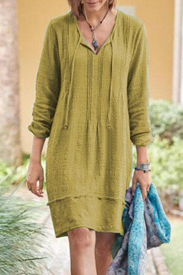 Casual Solid Patchwork Frenulum V Neck Dresses(5 Colors)