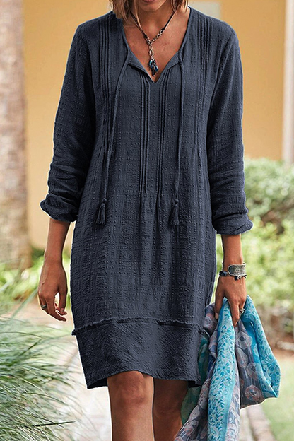 Casual Solid Patchwork Frenulum V Neck Dresses(5 Colors)