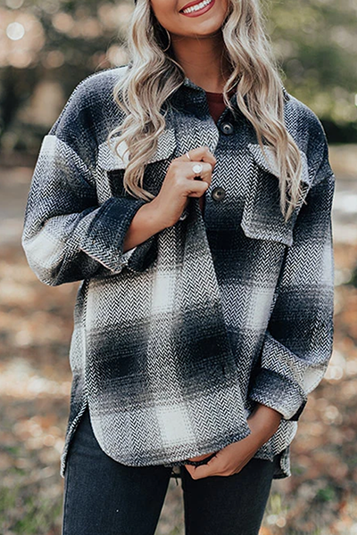 Casual Plaid Pocket Buckle Turndown Collar Outerwear