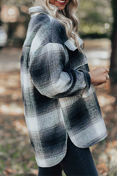 Casual Plaid Pocket Buckle Turndown Collar Outerwear