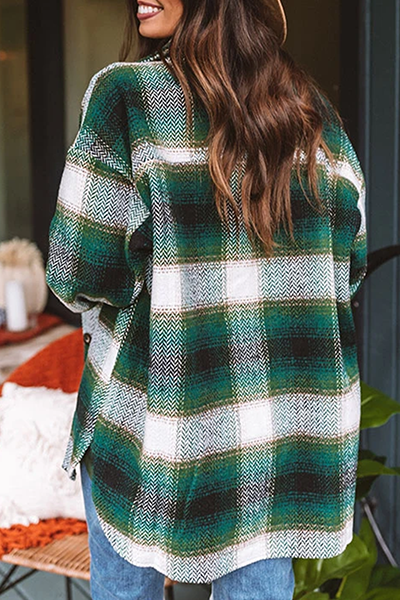 Casual Plaid Pocket Buckle Turndown Collar Outerwear
