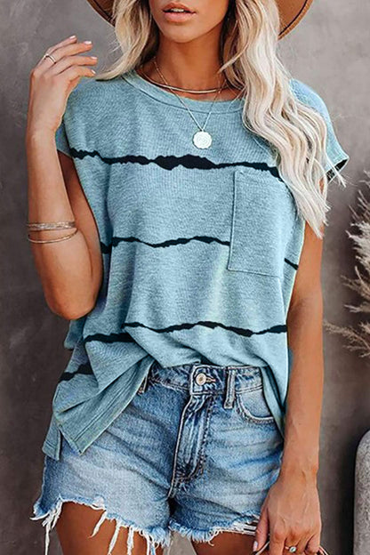 Camisetas de cuello redondo con rayas y abertura en la parte delantera (4 colores)