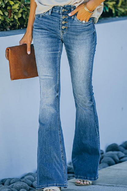 Fashion Casual Solid Buttons Basic Boot Cut Mid Waist Bottoms