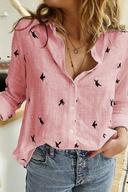 Casual Print Split Joint Turndown Collar Tops(4 colors)