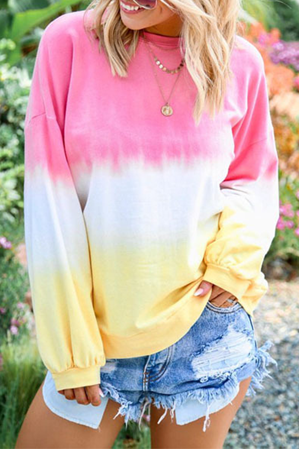 Casual Gradual Change Basic Contrast O Neck Tops（12 colors）