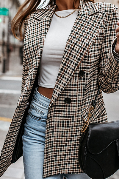 Fashion Elegant Geometric Patchwork Buckle Turn-back Collar Outerwear