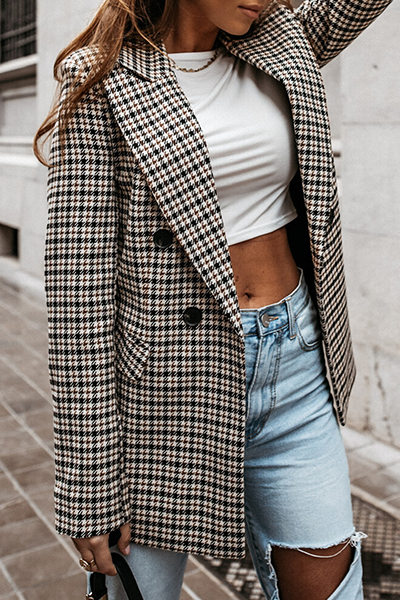 Fashion Elegant Geometric Patchwork Buckle Turn-back Collar Outerwear