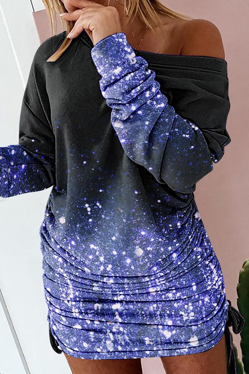 Sexy Print Patchwork Draw String Fold O Neck One Step Skirt Dresses(4 Colors)