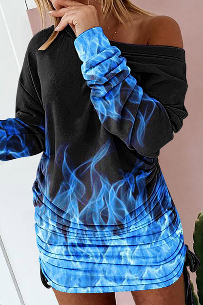 Sexy Print Patchwork Draw String Fold O Neck One Step Skirt Dresses(4 Colors)