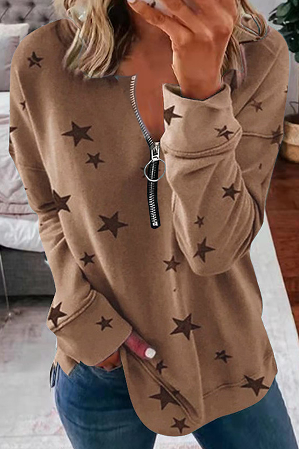 Tops casuales con cuello y cremallera de patchwork de estrellas (8 colores)