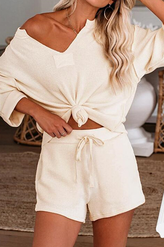 Conjunto informal de dos piezas con cuello en V, manga larga y parches sólidos con cordón ajustable