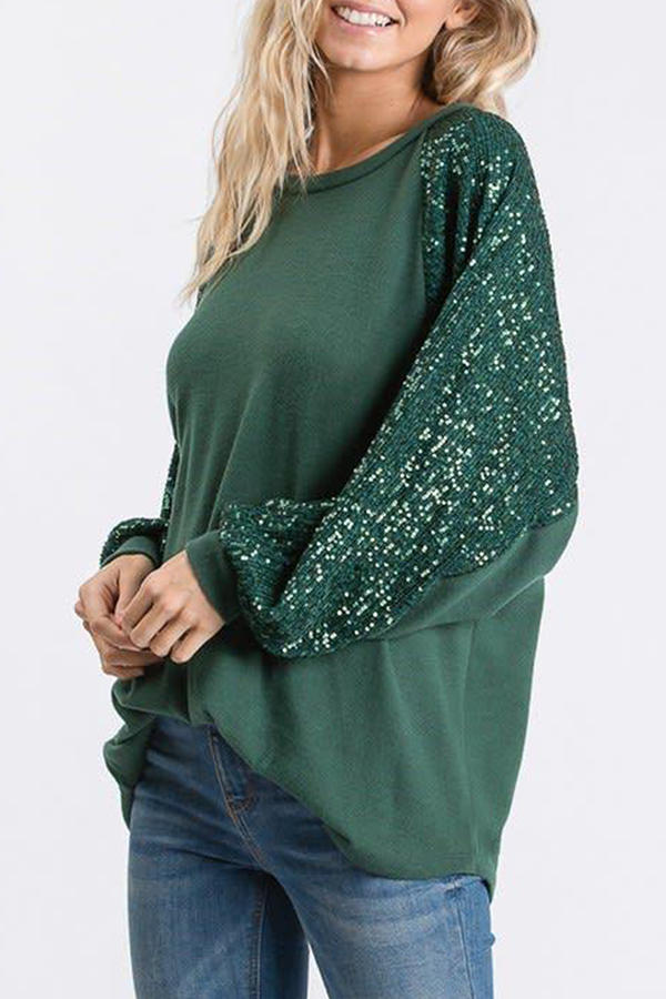Casual Patchwork Sequins O Neck Tops（4 colors）