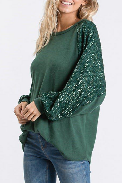 Casual Patchwork Sequins O Neck Tops（4 colors）