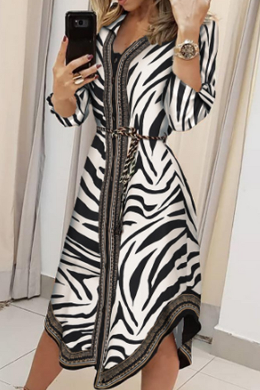 Vestido camisero elegante con cuello en V y hebilla estampada a la moda con cinturón