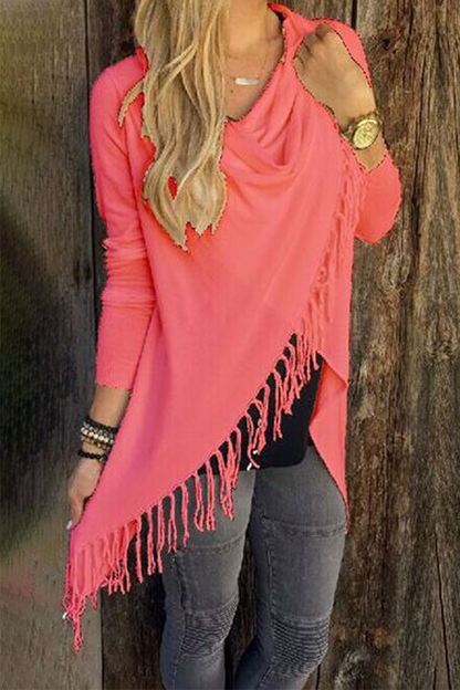 Casual Solid Tassel Patchwork Slit Asymmetrical Collar Tops
