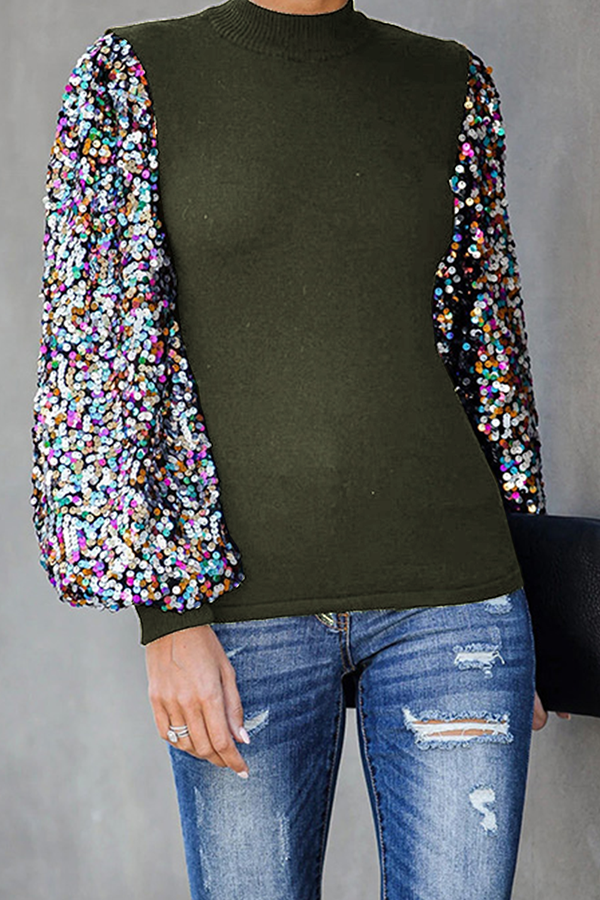 Blusa informal de cuello alto con lentejuelas y patchwork (6 colores)