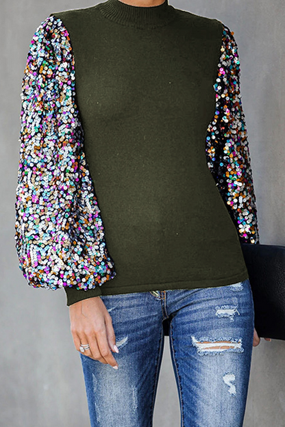 Blusa informal de cuello alto con lentejuelas y patchwork (6 colores)