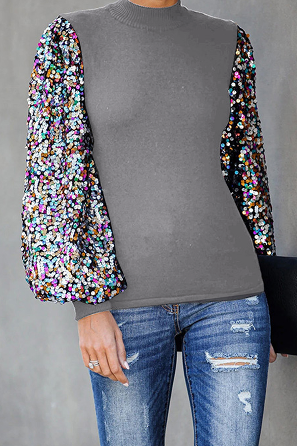Blusa informal de cuello alto con lentejuelas y patchwork (6 colores)