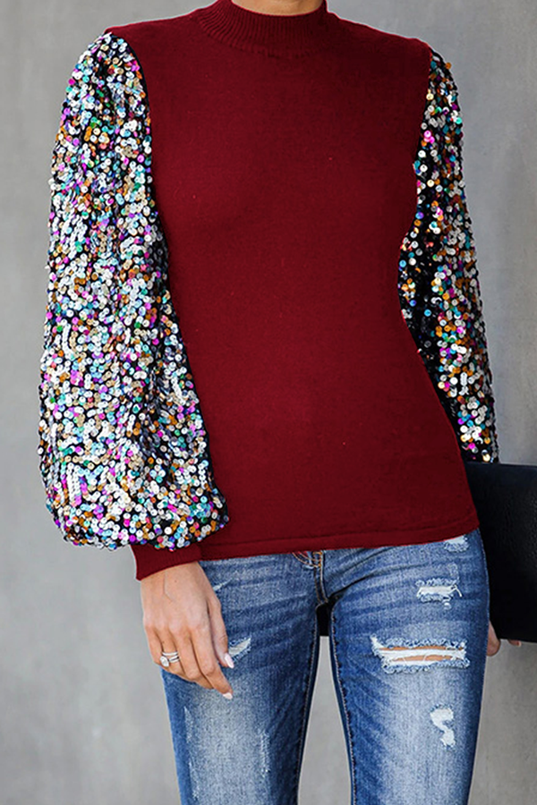 Blusa informal de cuello alto con lentejuelas y patchwork (6 colores)