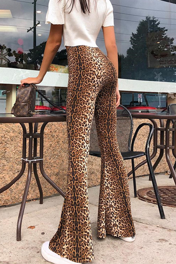Fashion Street Animal Print Leopard Split Joint Basic Boot Cut High Waist Full Print Bottoms