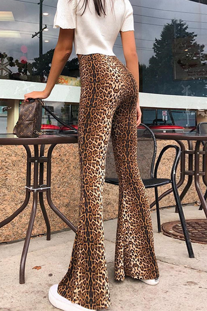 Fashion Street Animal Print Leopard Split Joint Basic Boot Cut High Waist Full Print Bottoms
