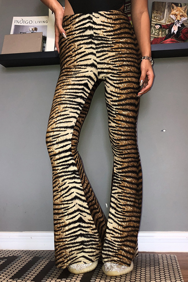Fashion Street Animal Print Leopard Split Joint Basic Boot Cut High Waist Full Print Bottoms