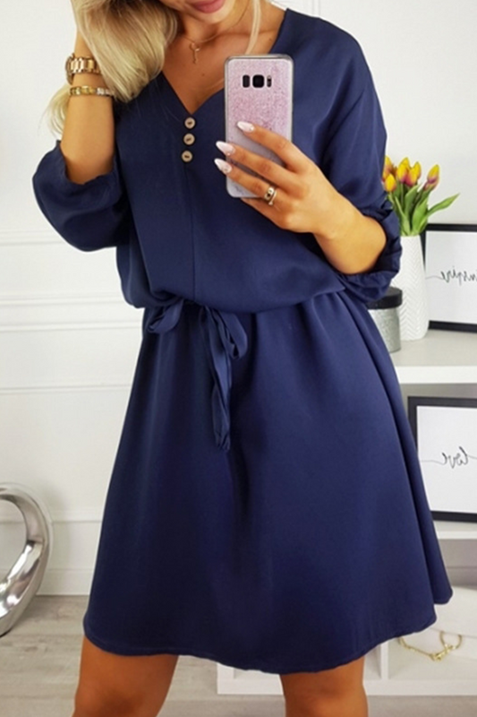 Casual Solid Buttons Strap Design V Neck Dresses(3 Colors)