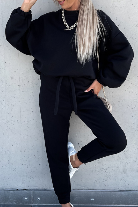 Conjunto de dos piezas de moda informal con cuello redondo, manga larga y parches sólidos (5 colores)