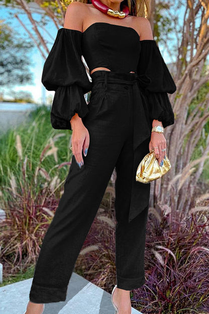 Fashion Elegant Solid Split Joint With Belt Strapless Long Sleeve Two Pieces