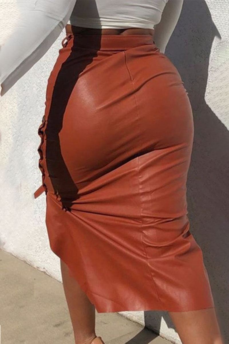 Sexy Solid Bandage Patchwork Buttons Asymmetrical Straight High Waist Straight Bottoms(3 Colors)