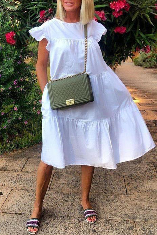 Vestidos casuales de falda pastel con cuello redondo y volantes lisos (6 colores)