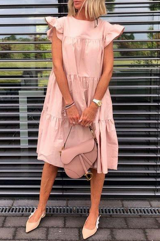 Vestidos casuales de falda pastel con cuello redondo y volantes lisos (6 colores)