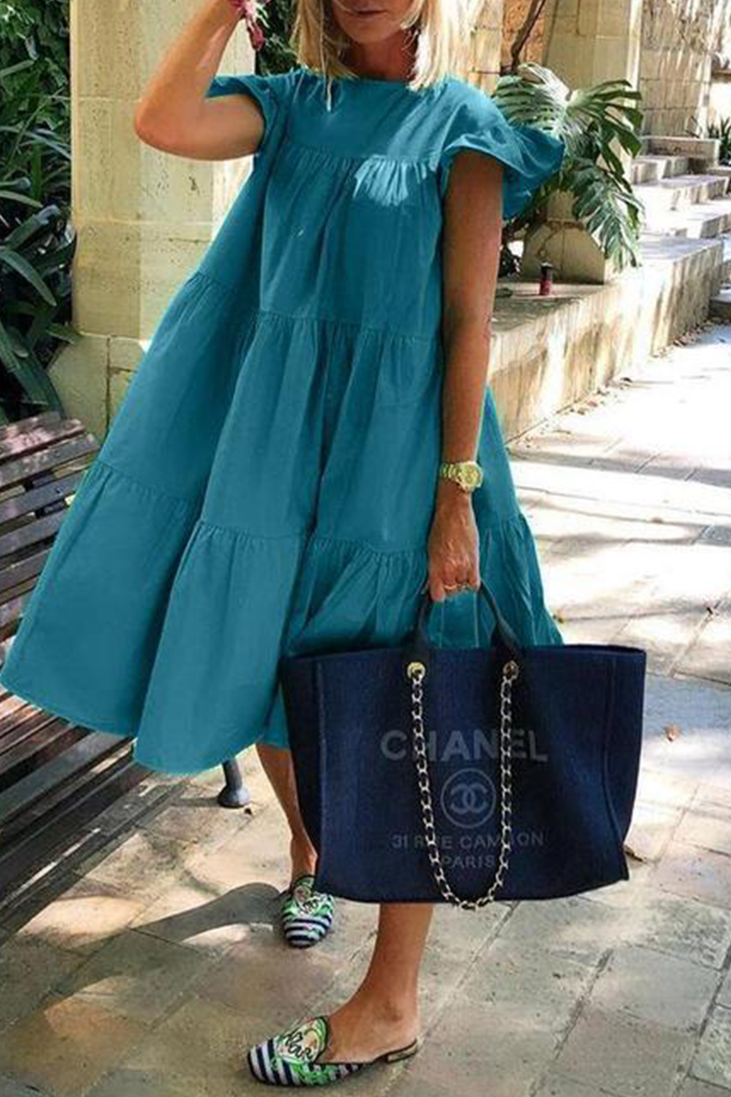 Vestidos casuales de falda pastel con cuello redondo y volantes lisos (6 colores)