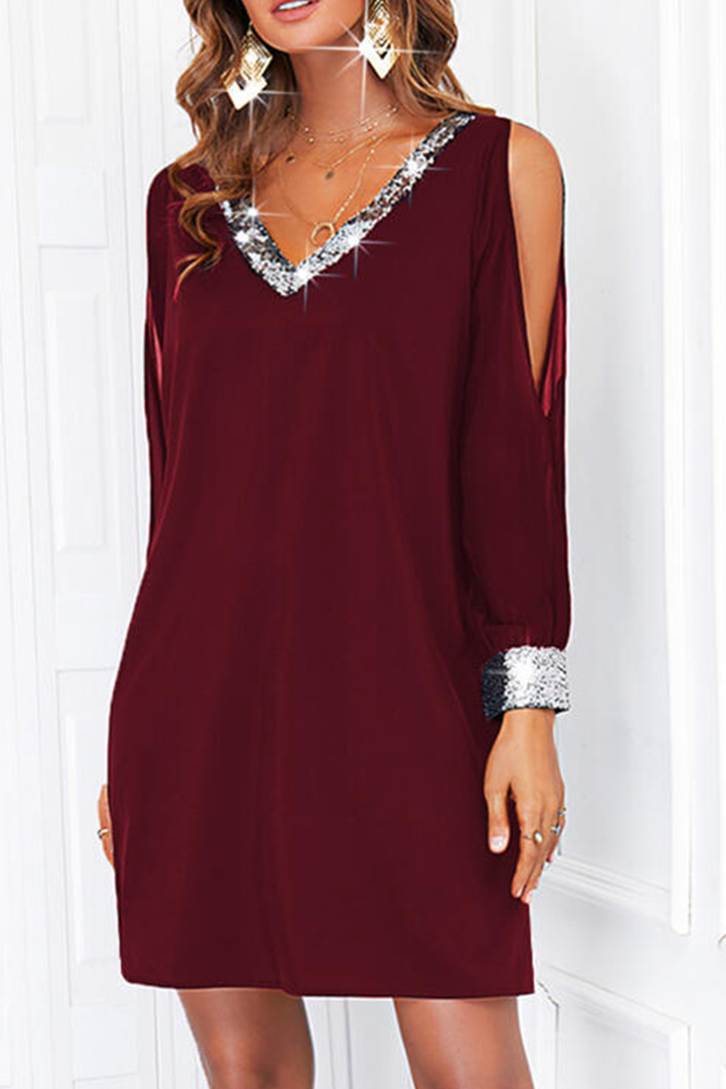 Vestidos casuales con falda lápiz y escote en V dividido con lentejuelas sólidas