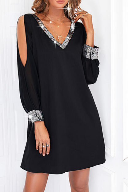 Vestidos casuales con falda lápiz y escote en V dividido con lentejuelas sólidas