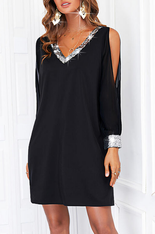 Vestidos casuales con falda lápiz y escote en V dividido con lentejuelas sólidas