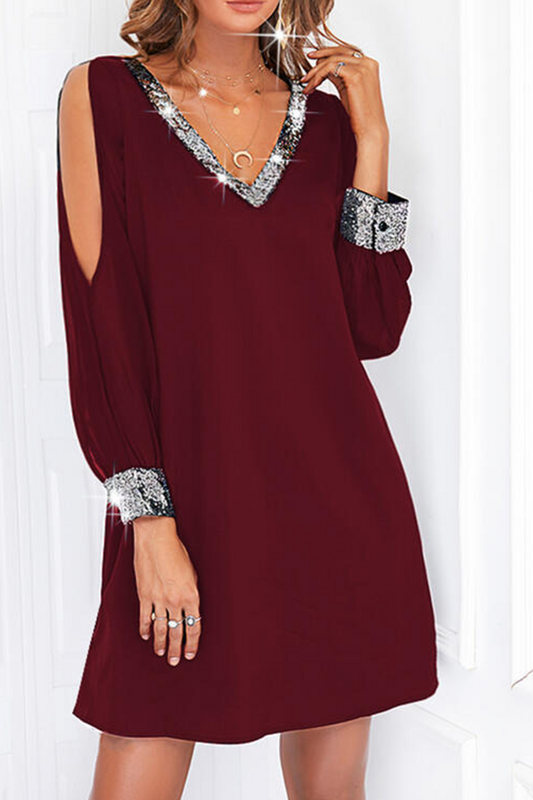 Vestidos casuales con falda lápiz y escote en V dividido con lentejuelas sólidas