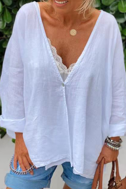 Fashion Solid Split Joint Draw String V Neck Tops(5 colors)