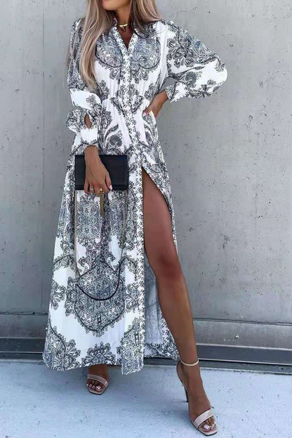 Vestido camisero informal con cuello vuelto y estampado de patchwork