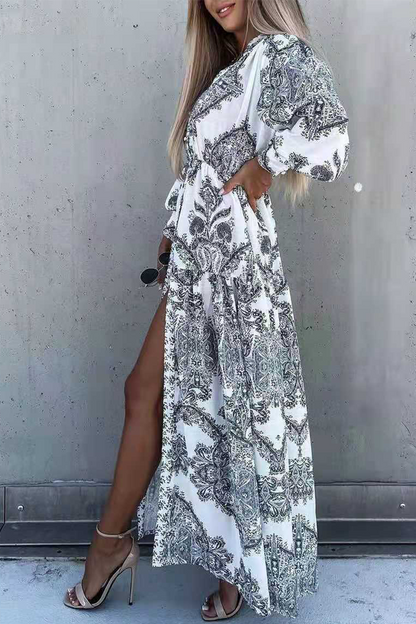 Vestido camisero informal con cuello vuelto y estampado de patchwork