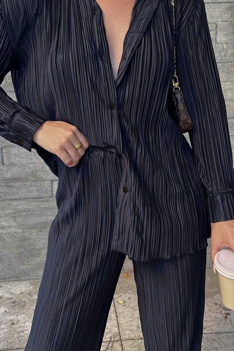 Conjunto informal de dos piezas con cuello vuelto, manga larga y hebilla de patchwork sólido (4 colores)
