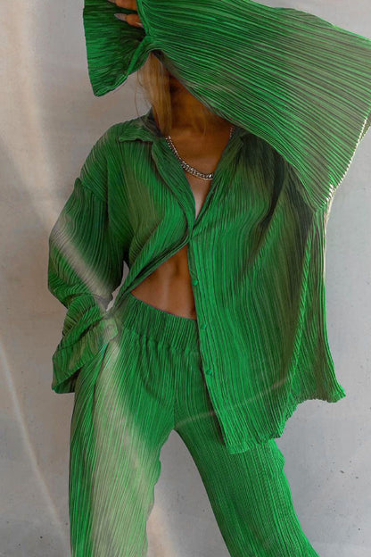 Conjunto informal de dos piezas con cuello vuelto, manga larga y hebilla de patchwork sólido (4 colores)