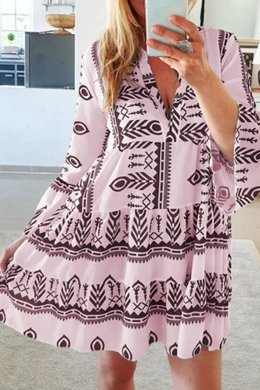 Vestidos casuales con estampado de patchwork, cuello en V y falda pastel