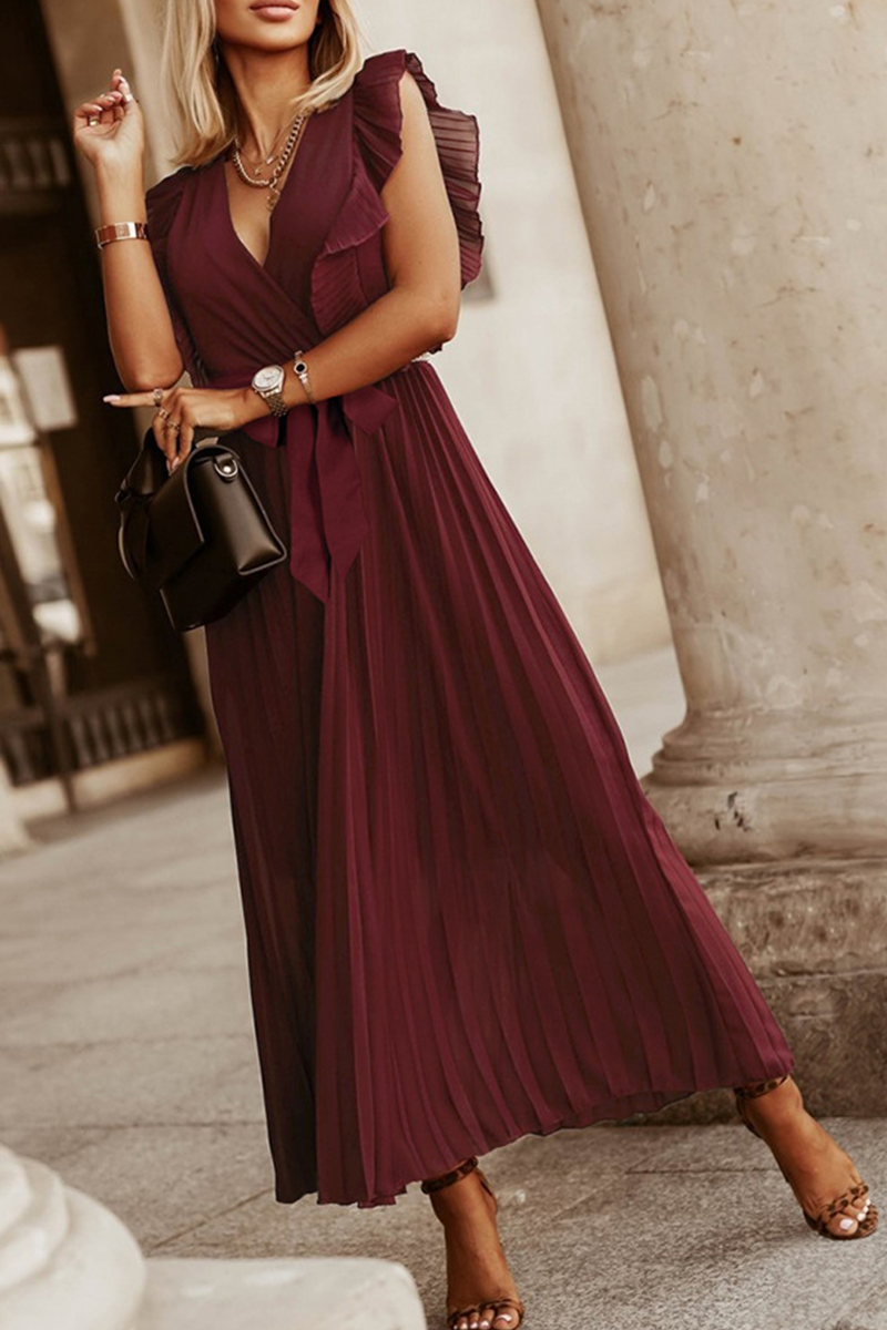 Vestidos casuales con falda pastel, escote en V y abertura en la parte superior, lisos (6 colores)