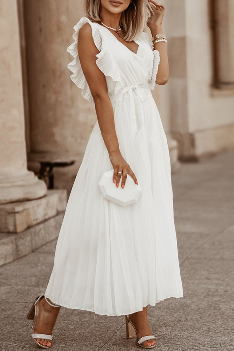 Vestidos casuales con falda pastel, escote en V y abertura en la parte superior, lisos (6 colores)