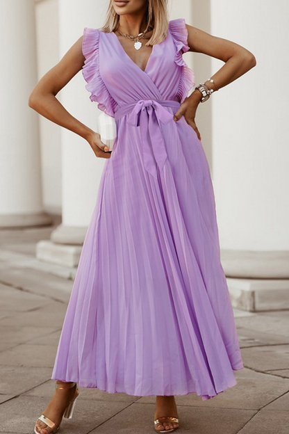 Vestidos casuales con falda pastel, escote en V y abertura en la parte superior, lisos (6 colores)