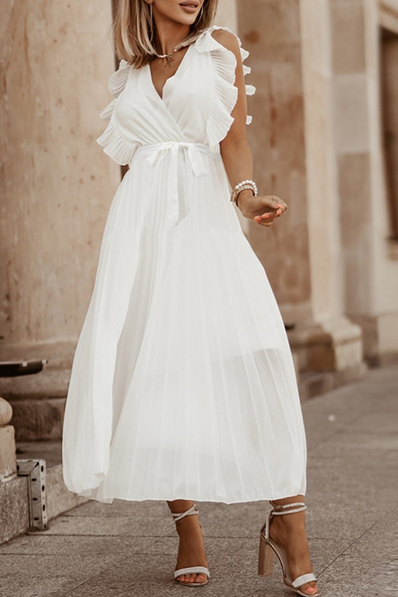 Vestidos casuales con falda pastel, escote en V y abertura en la parte superior, lisos (6 colores)